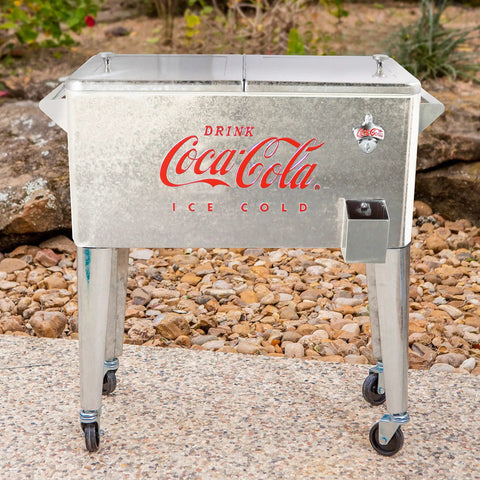 80 Quart Galvanized Rolling Cooler with Bottle Opener featuring Coca Cola style, insulated liner, and four casters for outdoor use.
