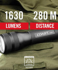 G450 1630 Lumen Twist Focus Flashlight Beast Mode Brightness With Pure Beam Optic and Bulls Eye Spot Beam Technology on fabric