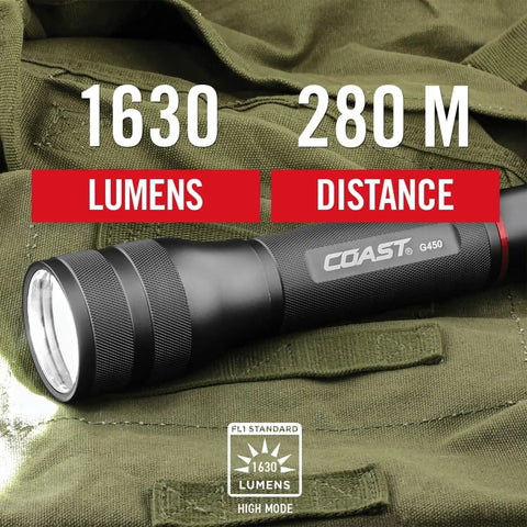 G450 1630 Lumen Twist Focus Flashlight Beast Mode Brightness With Pure Beam Optic and Bulls Eye Spot Beam Technology on fabric