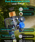 Dual Zone Sprinkler Timer For Garden And Lawn With 2 Brass Inlets showing internal components and features like metal filter and self-cleaning valve.