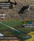 Heavy Duty Lawn Leveling Rake With A 36 Inch Steel Handle For Fast Yard Leveling And A Flat Surface Creation shown on grass.
