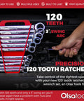 12-Piece SAE Ratcheting Wrench Set With 120-Tooth Gear showcased in engine bay for tight spaces, auto repair tools.