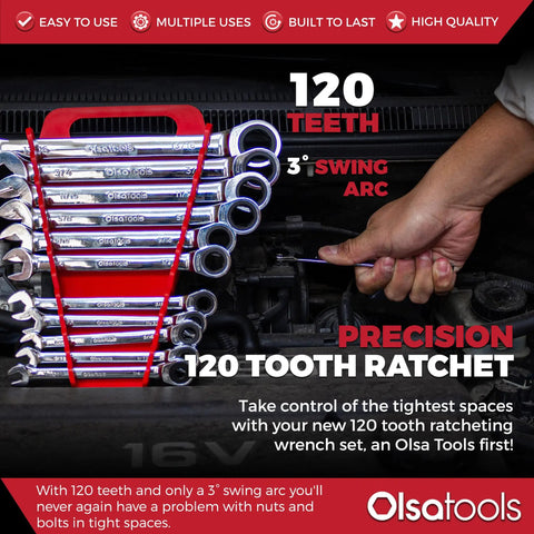 12-Piece SAE Ratcheting Wrench Set With 120-Tooth Gear showcased in engine bay for tight spaces, auto repair tools.