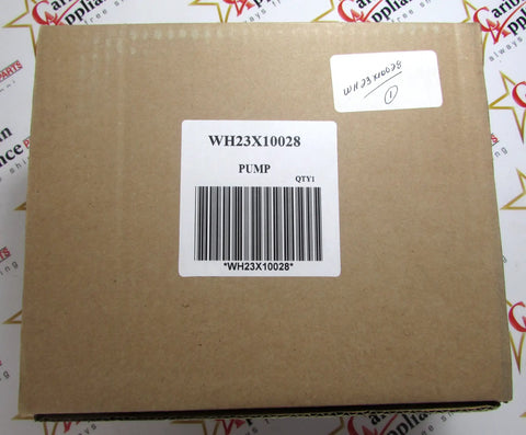 Box labeled WH23X10028 containing Drain Pump Replacement For Washing Machines, OEM GE WH23X10028, Durable Easy-Install Part