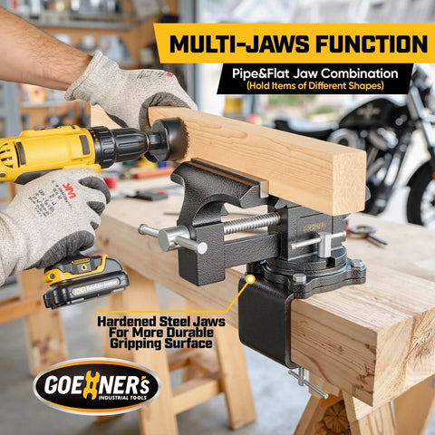 Beefy 6 Inch Bench Vise With Built In Pipe Jaw And Swivel Base Heavy Duty Forged Steel Construction For Woodworking Home Shop And DIY Projects Jaws Up To 4.3 Inches 2200 Lbs Clamping Force on wood beam