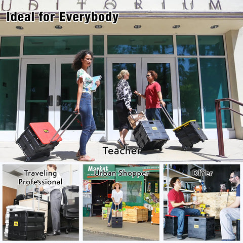 People using Quik Cart Collapsible Rolling Crate On Wheels For Teachers And Pros, 80 Pounds Capacity, in various scenarios