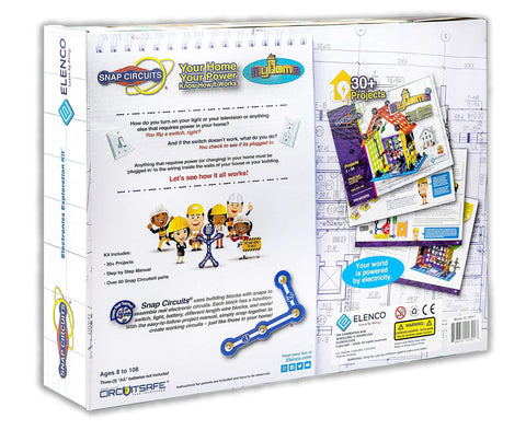 Back of Elenco My Home Electronics Building Kit showing project details and learning features for kids aged 8 and up.