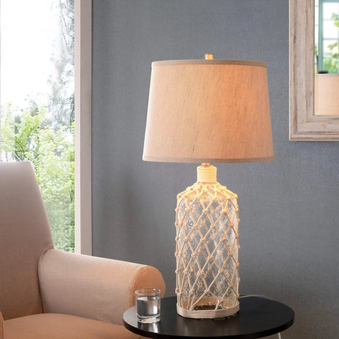 Captain Table Lamp with Clear Textured Glass and Rope Wrap Finish in living room, 30 inch height, Nautical End Table Lighting