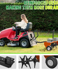 Person using 48 Inch Tow Behind Lawn Aerator With Universal Hitch Plug Aerator Steel Construction Tray And Inflatable Wheels on lawn