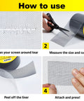 Steps to use Black Window Screen Repair Tape 4 Inch By 15 Foot No Fuss Quick Patch Kit on fiberglass mesh for screen repairs.