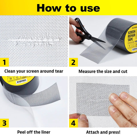 Steps to use Black Window Screen Repair Tape 4 Inch By 15 Foot No Fuss Quick Patch Kit on fiberglass mesh for screen repairs.