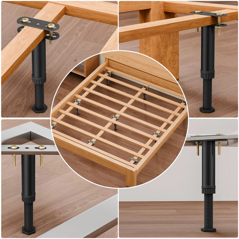 Six Pack Adjustable Bed Support Legs With Locking Ring Stand Height Adjusts From Seven To Twelve Point Five Inches For Wobbly Frames And Bumpy Floors Sturdy Furniture Center Posts Quick Install Dead Nut Tight Stability Guaranteed close-up of adjustable legs secured to a wooden bed frame
