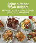 Various grilled foods including steaks, burgers, and sandwiches prepared with Hamilton Beach Steak Lover Electric Indoor Grill.