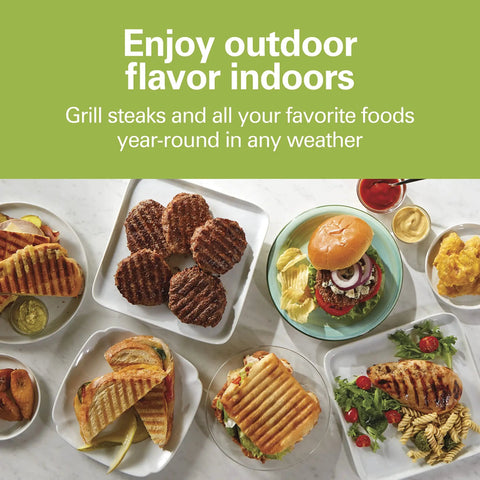 Various grilled foods including steaks, burgers, and sandwiches prepared with Hamilton Beach Steak Lover Electric Indoor Grill.