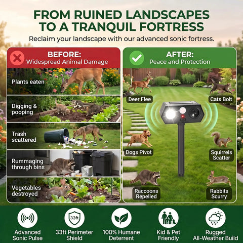Solar Ultrasonic Critter Repeller With Motion Sensor And LED Flashing Light For Outdoor Yards And Gardens Deterring Deer Cats Dogs Rabbits Squirrels Raccoons And More Two Pack, outdoor yard graphic