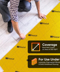 Person installing Top Tier Floor Underlayment Roll Covers 200 Sq Ft Of Laminate And Hardwood With Built In Moisture Seal.