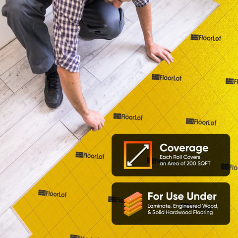Person installing Top Tier Floor Underlayment Roll Covers 200 Sq Ft Of Laminate And Hardwood With Built In Moisture Seal.