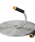 Ultra Lightweight 100 Ft Garden Hose With No Tangle Anti Kink Design, three quarter inch brass fittings, coiled on white background