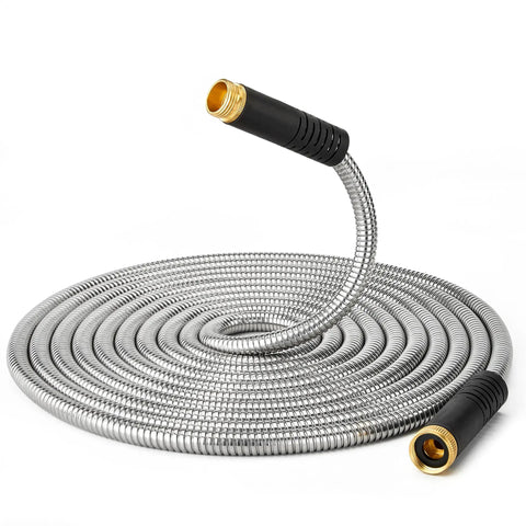 Ultra Lightweight 100 Ft Garden Hose With No Tangle Anti Kink Design, three quarter inch brass fittings, coiled on white background