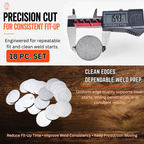 End Caps For 1.25 Inch Nominal Pipe In A36 Steel, CNC Precision Cut, 0.120 Inch Thick, 1.543 Inch Diameter, Weld On For MIG TIG Or Stick Welding, 18 Pack shown with caliper measurement and multiple caps on wood surface