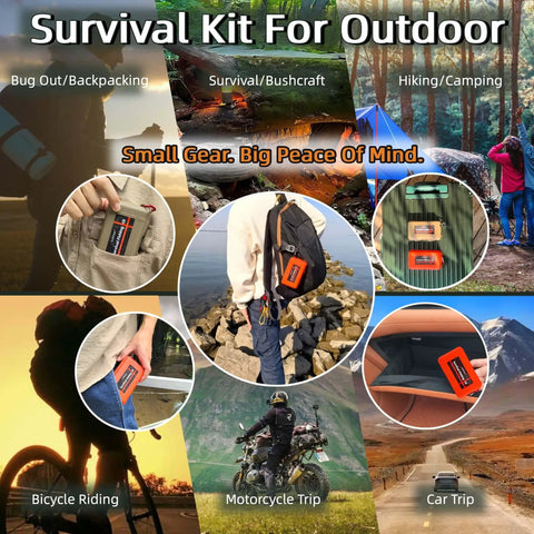 Pocket Survival Fishing Kit Emergency Tackle Box for Camping and Hiking shown in various outdoor scenarios.
