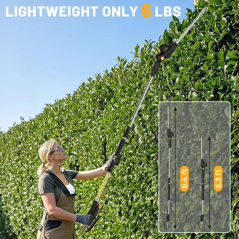 Person using Cordless Pole Hedge Trimmer With 14-Foot Reach And 18-Inch Cutting Head, compatible with 20V Max batteries, in garden.