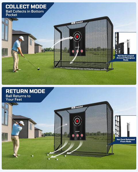Backyard Golf Hitting Net For Indoor Outdoor Practice 10x8ft With Heavy Duty Netting in dual mode, featuring collect and return options