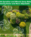 Overhead view of 2 Pack 3 Arm Metal Lawn Sprinklers With Rolling Wheel Base for 360 Degree Auto Rotary Watering of gardens.