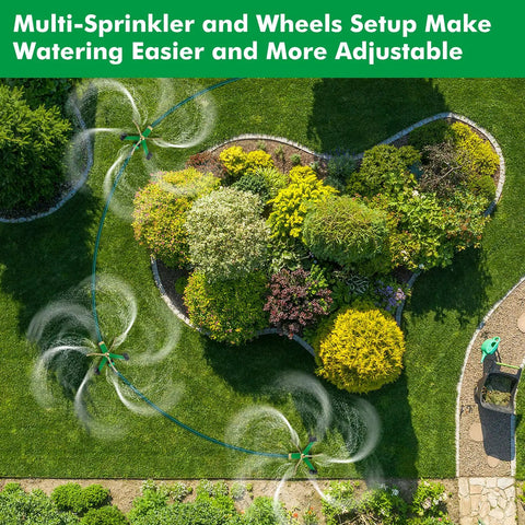 Overhead view of 2 Pack 3 Arm Metal Lawn Sprinklers With Rolling Wheel Base for 360 Degree Auto Rotary Watering of gardens.