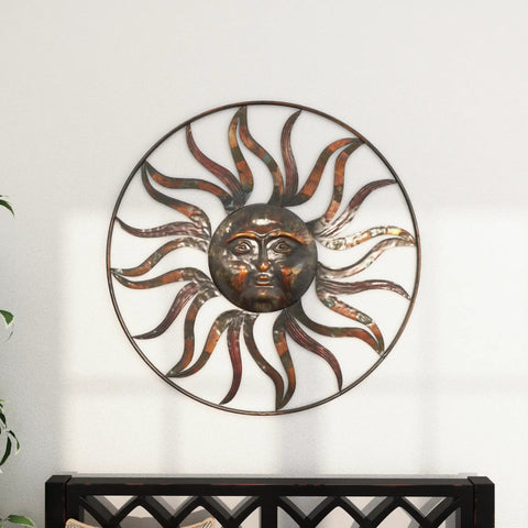 Metal Sun Face Wall Decor 36 Inch Round Wall Sculpture With Colorful Painted Accents For Indoor Outdoor Use Rustic Timeworn Brown Finish Open Frame Sun Rays No Assembly Required