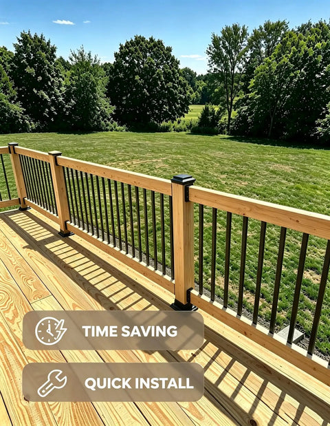 Heavy Duty Black Steel Deck Balusters 101 Pack 32 Inch Metal Railing Spindles For Porch Patio And Stairs No Sweat Assembly Rust Resistant Workhorse Build Seamless DIY Upgraded installed on wooden deck railing.