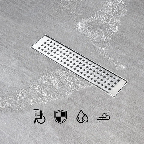 12 Inch Linear Shower Drain With Removable Square Panel, AISI 304 Stainless Steel brushed floor drain with water flowing over