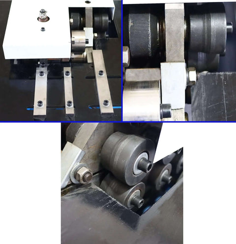 Close-up of Electric Sheet Metal Seaming Machine for 0.02 to 0.05 Inch Thick Sheets 220V Pro Grade Beefed Up Seam Rolling Forming Tool showing alloy steel rollers and components.