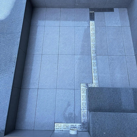 Heavy Duty Stainless Steel Patio Water Drain Channel Kit With Right Angle Grate For Concrete Floors installed on tiles
