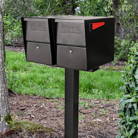 Two Mailbox Spreader Bar For Dual Mailbox Setup On One Post, Heavy Duty 12 Gauge Steel With Black Powder Coat, installed outdoors