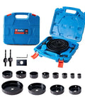 HighFire 19-piece hole saw set in blue case; includes 2 mandrels, drill bits, hex key, installation plate, assorted diameter saws