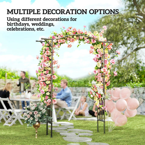 Garden Arch Trellis With Extended Top 7.5Ft Black PE Coated Steel Arbor adorned with flowers for weddings and celebrations