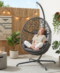 Oversized Hanging Egg Chair With Stand For Indoor Or Outdoor Use, Wicker Bird Cage Swing Chair With Dark Grey Cushion in patio