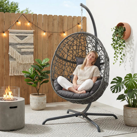 Oversized Hanging Egg Chair With Stand For Indoor Or Outdoor Use, Wicker Bird Cage Swing Chair With Dark Grey Cushion in patio