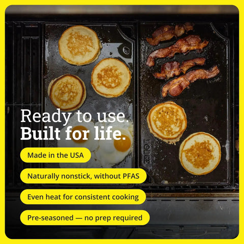 Reversible Cast Iron Grill And Griddle Pan For Two Burners 16.75 By 9.5 Inches Preseasoned PFAS Free Cookware cooking pancakes and bacon.