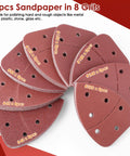 64 Pack Heavy Duty Sanding Pads For Mouse Sanders With 40 To 320 Grit Range And Easy Rip Edges showing various grits and holes.