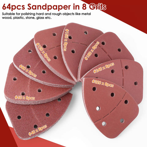 64 Pack Heavy Duty Sanding Pads For Mouse Sanders With 40 To 320 Grit Range And Easy Rip Edges showing various grits and holes.