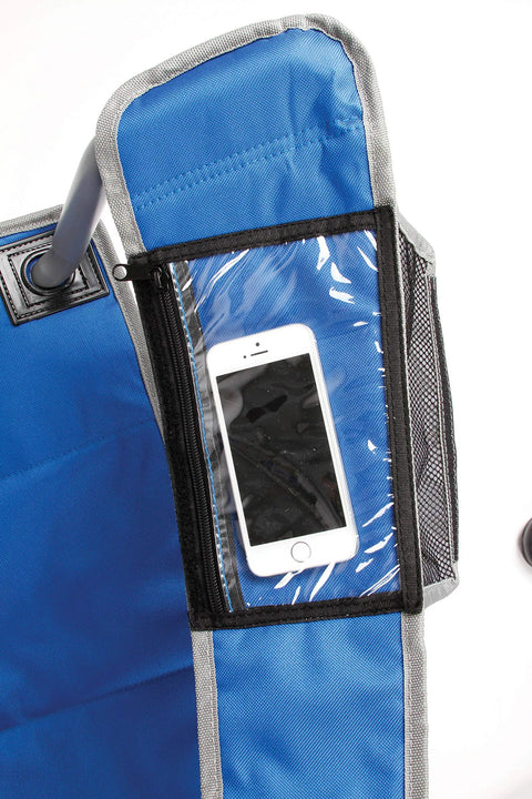 Oversize Camping Chair With Cup Holder And Side Pocket, Water-Resistant XL Seat, blue fabric with phone in side pocket