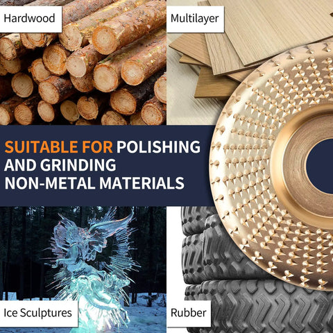 Rugged Tungsten Carbide Wood Grinding Disc For Angle Grinders With examples of hardwood, multilayer, ice sculptures, and rubber.