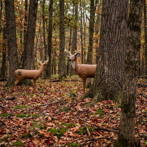 Durable Self Healing Foam Buck Deer 3D Archery Target in forest setting, visible self-healing foam structure for realistic practice