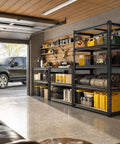 Two Pack Heavy Duty Garage Shelves Adjustable And Wobble Free Storage Racks For Garage Organization Durable Steel Shelving Units That Fit Tight Corners And Open Floor Space, black 5-tier garage rack