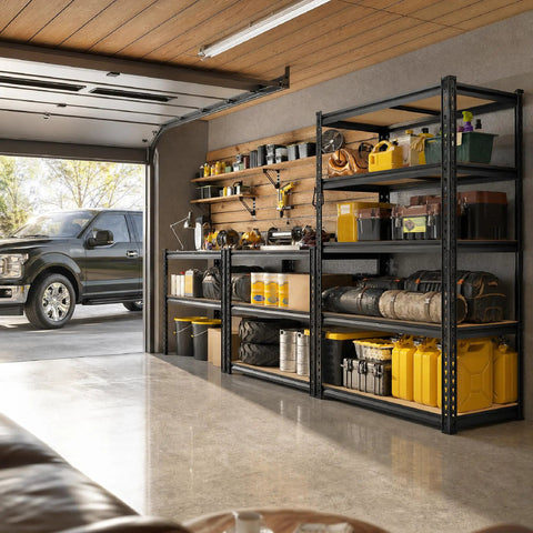 Two Pack Heavy Duty Garage Shelves Adjustable And Wobble Free Storage Racks For Garage Organization Durable Steel Shelving Units That Fit Tight Corners And Open Floor Space, black 5-tier garage rack