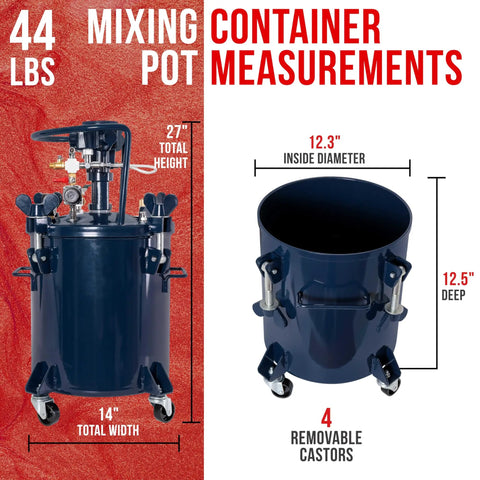 Heavy Duty Steel Spray Paint Pressure Pot With Adjustable Gauge And Regulator For Auto Body Detailing with 27" height and 14" width.