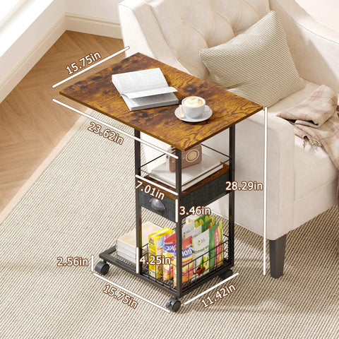 C-Shaped Side Table With Wheels And Large Wood Top next to sofa, showing dimensions and storage, Sturdy Metal Frame Couch Buddy