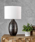 Cordova 20 Inch Iron Table Lamp With Hammered Bronze Base And Cotton Shade, 3-Way Switch, Rustic Modern Lighting For Living Room